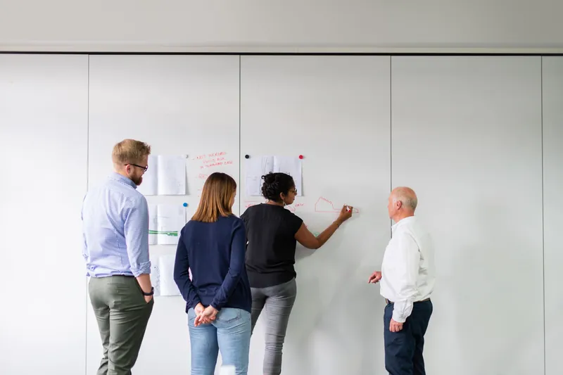Team nimmt einen Ablauf am Whiteboard auf
